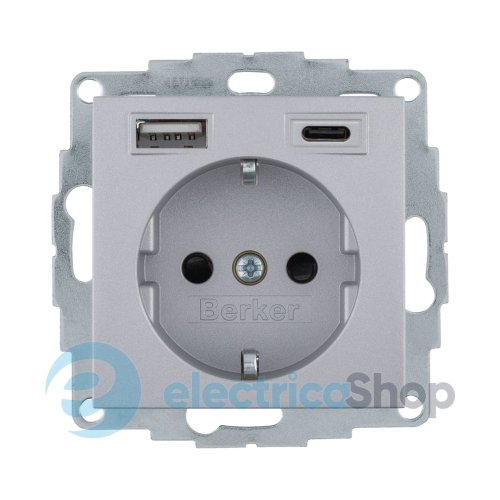 Розетка с з/к + USB A/C 20W PD S.1/B.3 Berker 48141404, алюминий
