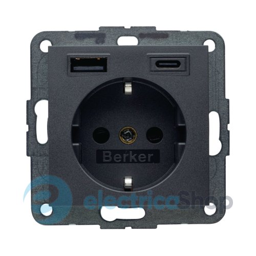 Розетка с з/к + USB A/C 20W PD S.1/B.3 Berker 48141606, антрацит