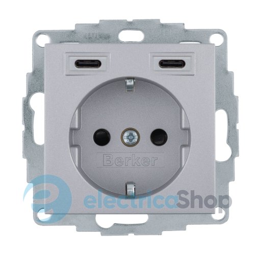 Розетка с з/к + USB C/C 20W PD S.1/B.3 Berker 48151404, алюминий