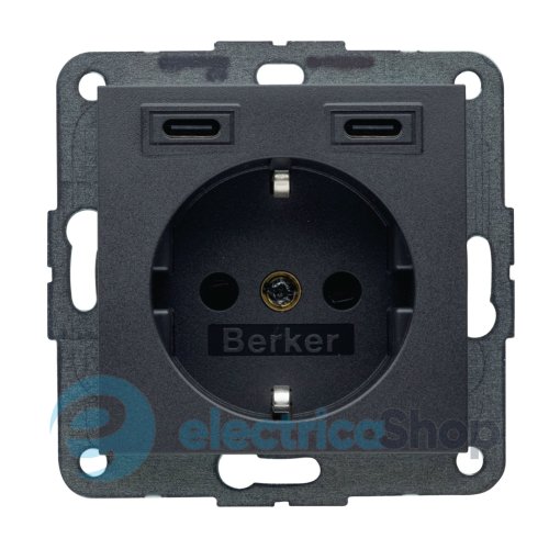 Розетка с з/к + USB C/C 20W PD S.1/B.3 Berker 48151606, антрацит