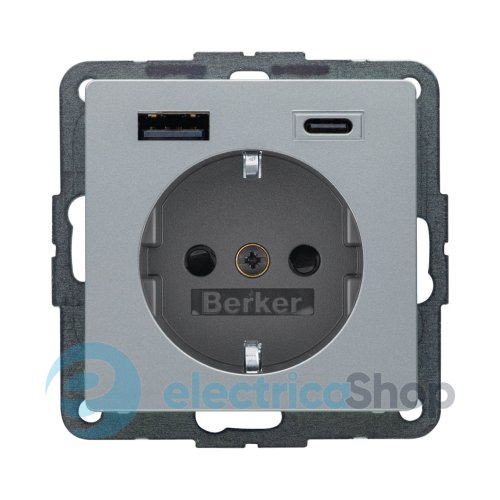 Розетка с з/к + USB A/C 20W PD Q.x Berker 48146084, алюминий