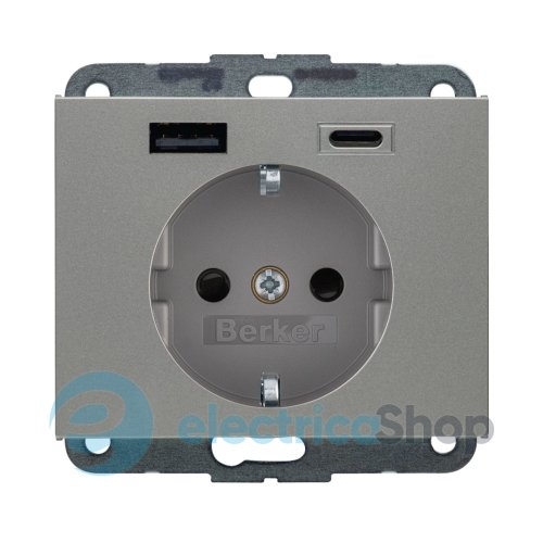 Розетка с з/к + USB A/C 20W PD K.x Berker 48147004, нержавеющая сталь