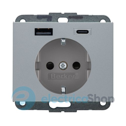 Розетка с з/к + USB A/C 20W PD K.x Berker 48147003, алюминий