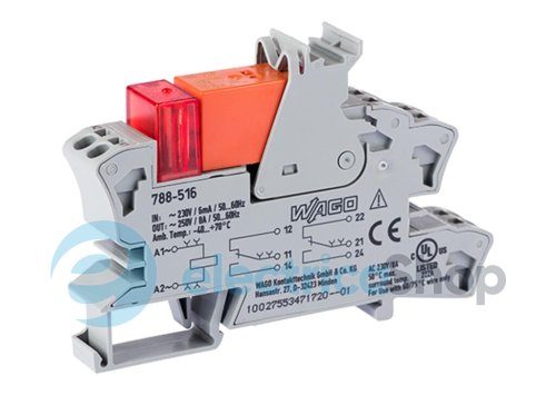 Реле з колодкою, 230 В; 2 перекидні контакти; струм: 8 А Wago 788-516