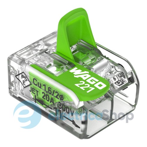 Клемний затискач 2 входи (0.2-4.0 мм.кв) 32А/450V CU, з важелем WAGO 221-422 Green Range