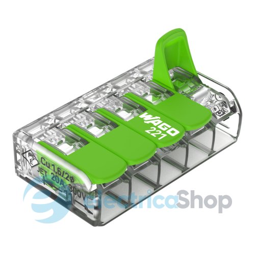 Клемний затискач 5 входи (0.2-4.0 мм.кв) 32А/450V CU, з важелем WAGO 221-425 Green Range