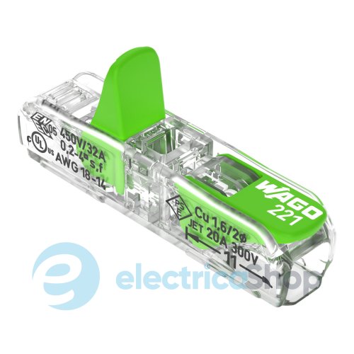 Клеммный зажим 2 входа (0.2-4.0 мм.кв) 32А / 450V CU, с рычажком WAGO 221-2421 Green Range