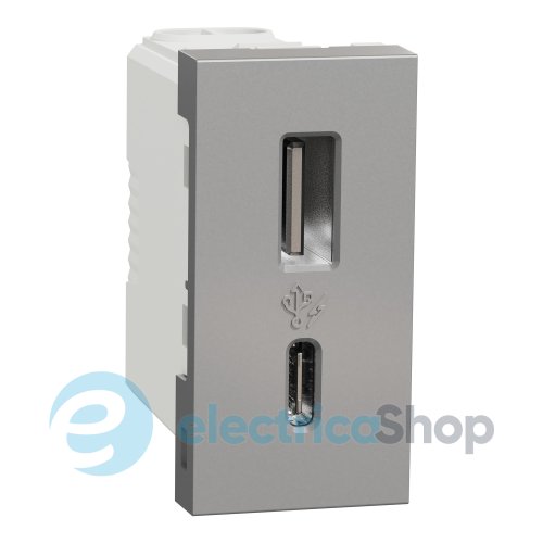 Розетка USB тип A+C, 12 Вт, 1 модуль, New Unica NU301630 (Schneider Electric) алюминий