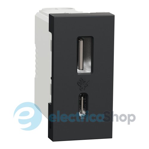 Розетка USB тип A+C, 12 Вт, 1 модуль, New Unica NU301654 (Schneider Electric) антрацит