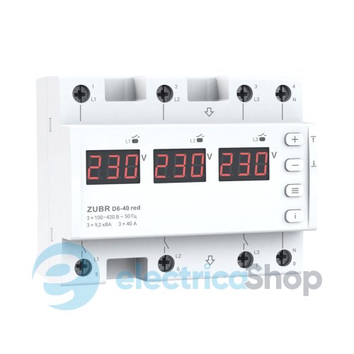 Реле напруги 3-ф. 40А, DIN, ZUBR D6-40 red