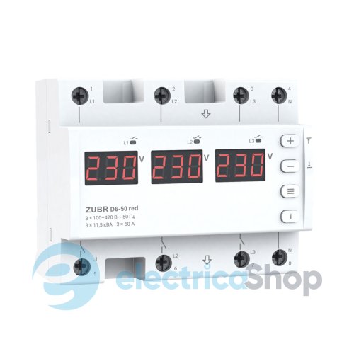 Реле напруги 3-ф. 50А, DIN, ZUBR D6-50 red