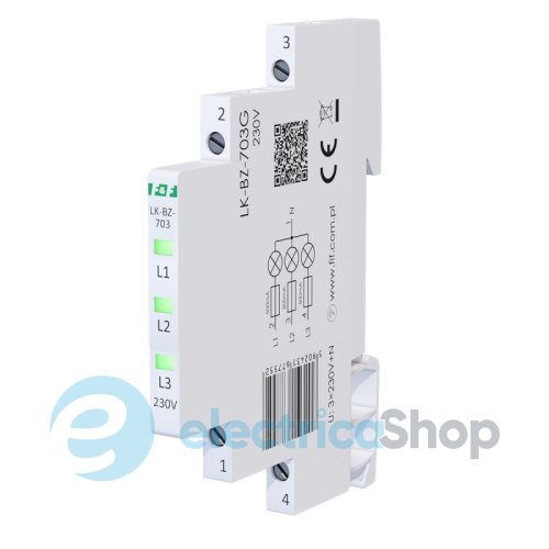 Индикатор напряжения 3×230V/AC+N, 3хLED, DIN,, встроенный предохранитель,, F&F LK-BZ-703G, зеленый