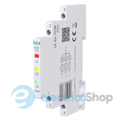 Индикатор напряжения 3×230V/AC+N, 3хLED, DIN,, встроенный предохранитель,, F&F LK-BZ-703K, красный, зеленый, желтый