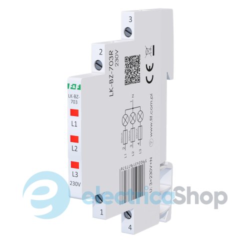 Индикатор напряжения 3×230V/AC+N, 3хLED, DIN,, встроенный предохранитель,, F&F LK-BZ-703R, красный