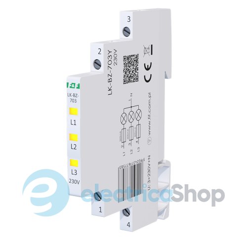 Индикатор напряжения 3×230V/AC+N, 3хLED, DIN,, встроенный предохранитель,, F&F LK-BZ-703Y, желтый