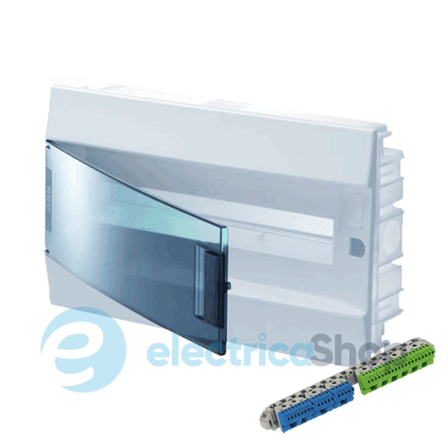 Шкаф электрический IP41 Mistral встроенный 18 модулей, прозрачные двери, с винтовыми N/PE клеммами на 22 подключения.
