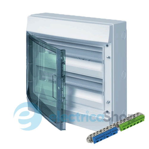 Шкаф электрический IP65 Mistral накладной 36 модулей 2 ряда, прозрачные двери, с винтовыми N/PE клеммами на 52 подключения.