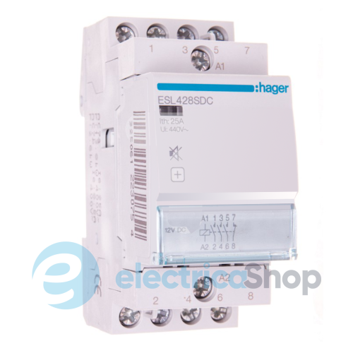 Контактор безшумний 25A, 3Н.В+1Н.З, 12V, Hager ESL428SDC