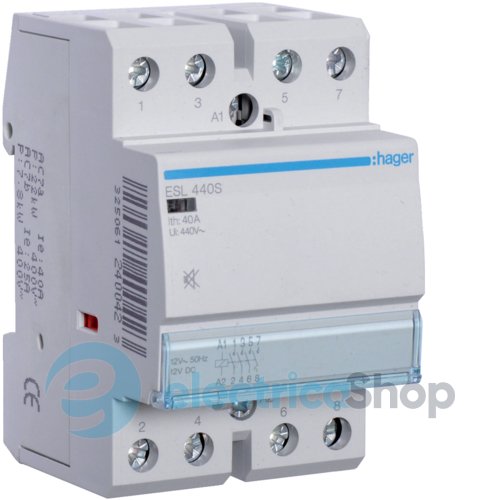 Контактор безшумний 40A, 4Н.В, 12V, Hager ESL440S