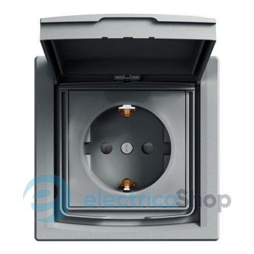 Розетка із заземленням і з шторками IP44 «Asfora», (колір сталь) EPH3100362
