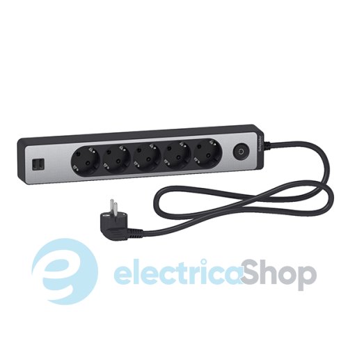 Удлинитель UNICA EXTEND (SChneider Electric) на 5 розеток с заземлением+2*USB-розетки, 1.5м, черный с алюм., ST945U1BA