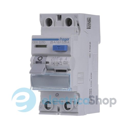 Диференційне реле 2P, 25А, 30mA, A, Quick Connect, Hager CDS225D