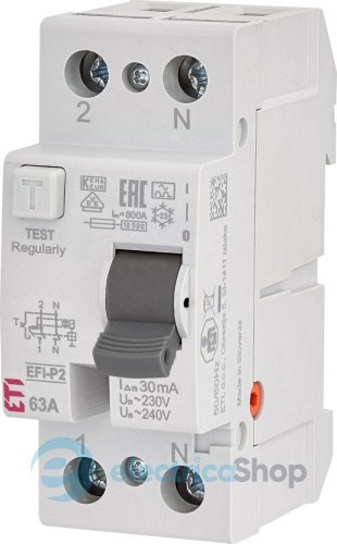 Дифференциальное реле (УЗО) 2р EFI-P2 63/0,03 тип A (10kA), ETI 2061113