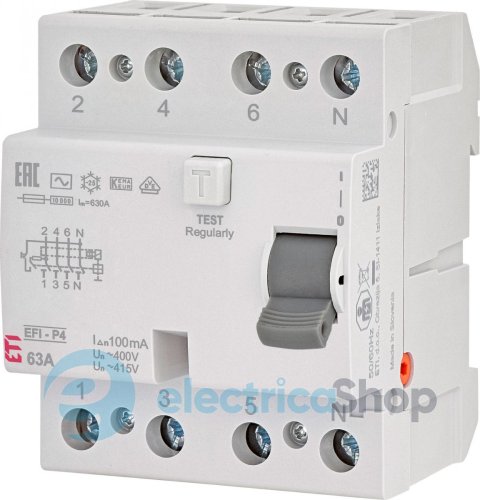 Реле диференційне (ПЗВ) 4р EFI-P4 63/0,1 тип AC (10kA), ETI 2061623
