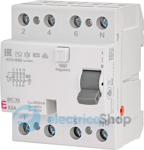 Реле диференційне (ПЗВ) 4р EFI-P4 63/0,3 тип AC (10kA), ETI 2061633