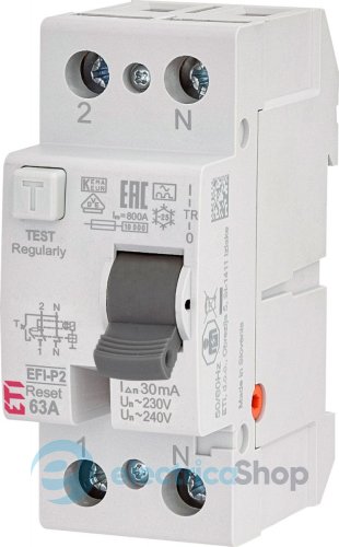 Реле диференційне (ПЗВ) 2р EFI-P2R 63/0,03 тип A (10kA) (RESET), ETI 2061463