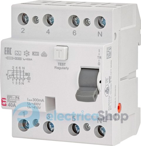 Реле диференційне (ПЗВ) 4р EFI-P4R 40/0,3 тип A (10kA) (RESET), ETI 2061882