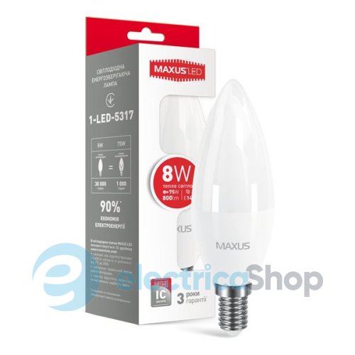Лампа світлодіодна MAXUS C37 CL-F 8W 3000K 220V E14 (1-LED-5317)