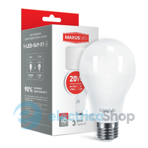 Лампа світлодіодна MAXUS A80 20W 3000K 220V E27 (1-LED-569-01)