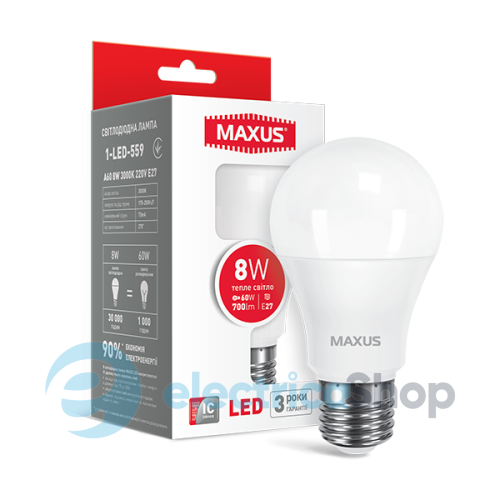 Лампа світлодіодна MAXUS A60 8W 3000K 220V E27 (1-LED-559)