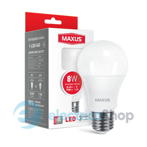 Лампа светодиодная MAXUS A60 8W 4000K 220V E27 (1-LED-560)