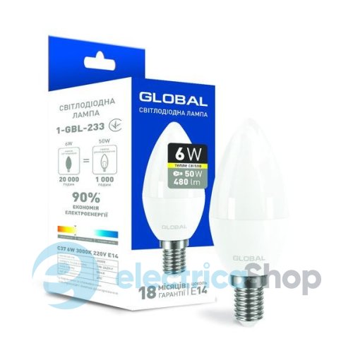Світлодіодна лампа GLOBAL C37 6W 3000K 220V E14 (1-GBL-233)