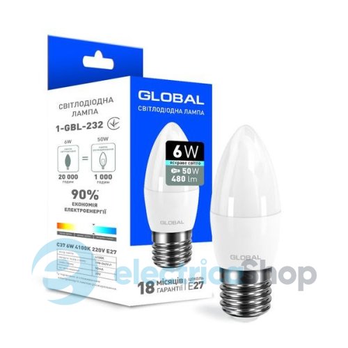 Лампа светодиодная Global C37 CL-F 6W 4100K E27 220V (1-GBL-232)