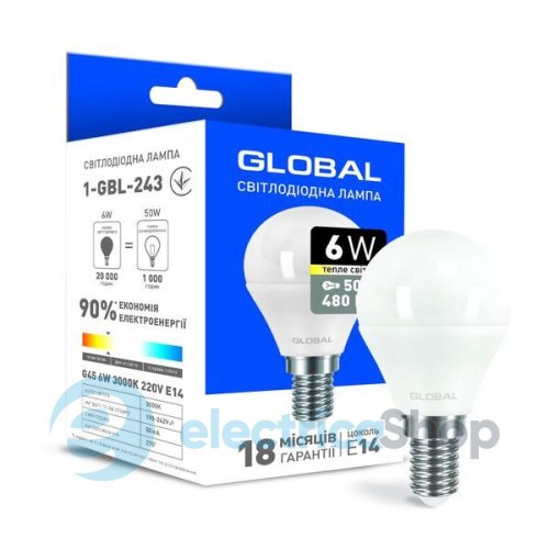 Лампа светодиодная Global G45 F 6W 3000K E14 220V (1-GBL-243)