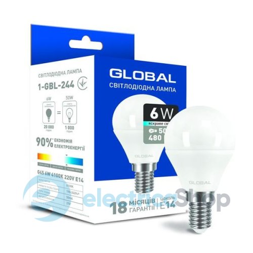 Світлодіодна лампа GLOBAL G45 6W 4100K 220V E14 (1-GBL-244)