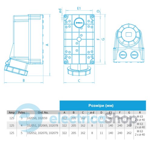Настінна розетка 5P 125A 400V IP67 SEZ IZGN12553