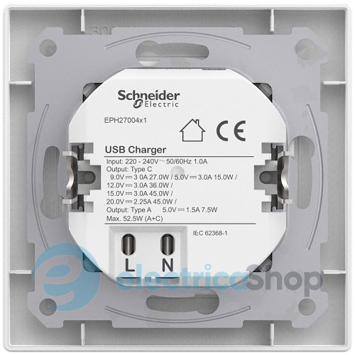 USB розетка А+С, 3 А, 45 Вт, белая, Asfora, Schneider Electric, EPH2700421 белый