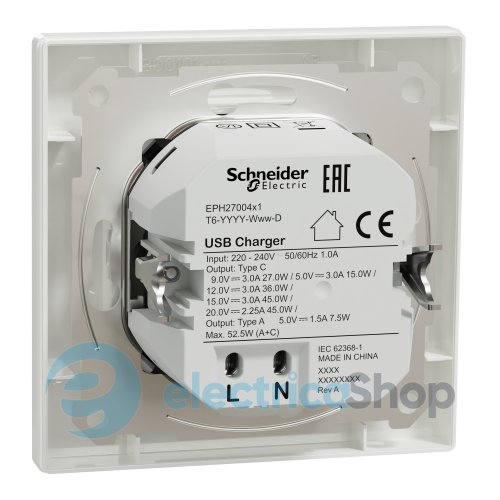 USB розетка А+С, 3 А, 45 Вт, белая, Asfora, Schneider Electric, EPH2700421 белый