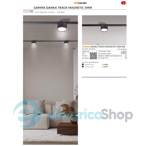 Магнитный трековый светильник AZzardo GAMMA DANKA TRACK MAGNETIC 5mm 3000K 8W BK AZ5306