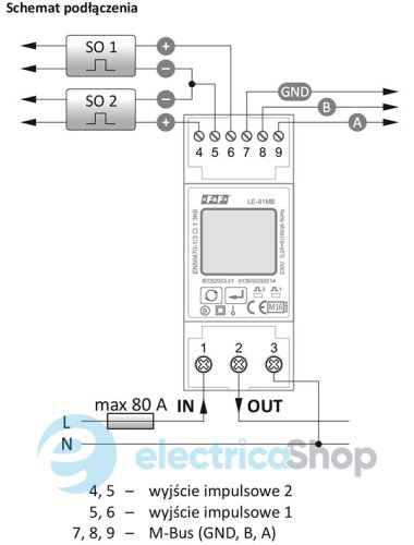 Счетчик электроэнергии LE-01MB F&F, 1ф. 230V 5(100)А, 1 тариф, активн+реактивн., 2 направ., DIN (2мод), M-BUS
