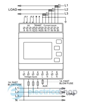 Счетчик электроэнергии LE-03MQ-CT F&F, 1/3ф. 1x230V, 3х230V/400V, 5(6)А, трансф., 1 тариф, 2 направ., DIN, MODBUS RTU, RS485