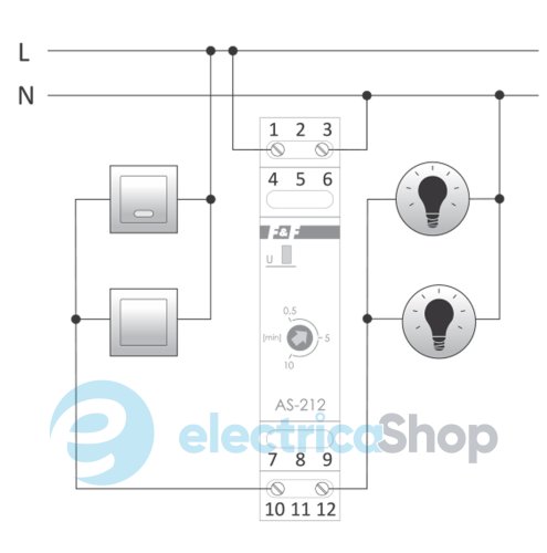 Реле сходове AS-212 F&F, 1мод., DIN, 1НВ 230V/16А, затримка 0,5÷10 хв.