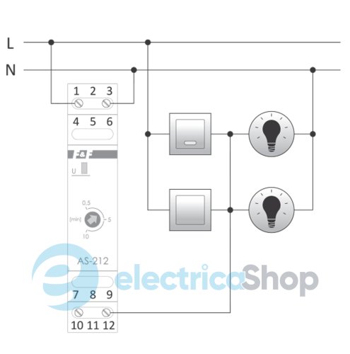 Реле сходове AS-212 F&F, 1мод., DIN, 1НВ 230V/16А, затримка 0,5÷10 хв.