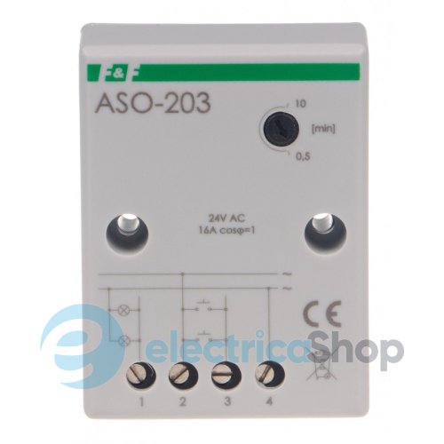Реле лестничное ASO-203 F&F, 1НО 24V AC/DC 16А, задержка 0,5÷10 мин. с функцией антиблокировки