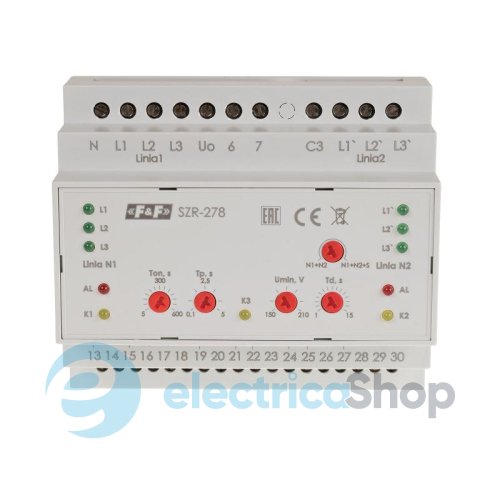 Контролер АВР для введення резервного живлення SZR-278 F&F 3P+N 4ПК 50-350V AC 8А (AC-1) дві лінії живлення