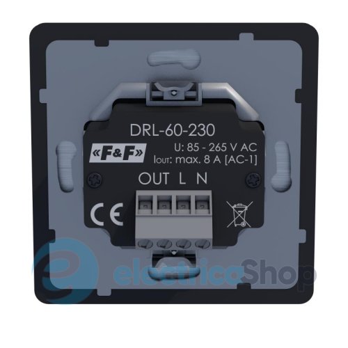 Лазерний датчик руху F&F DRL-60-230-9, розмір 80×80×6,5 мм., вбудований d=60мм, для сходів, 230VAC/8А, IP30 чорний